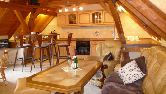 Wohnzimmer und Küche der Ferienwohnung